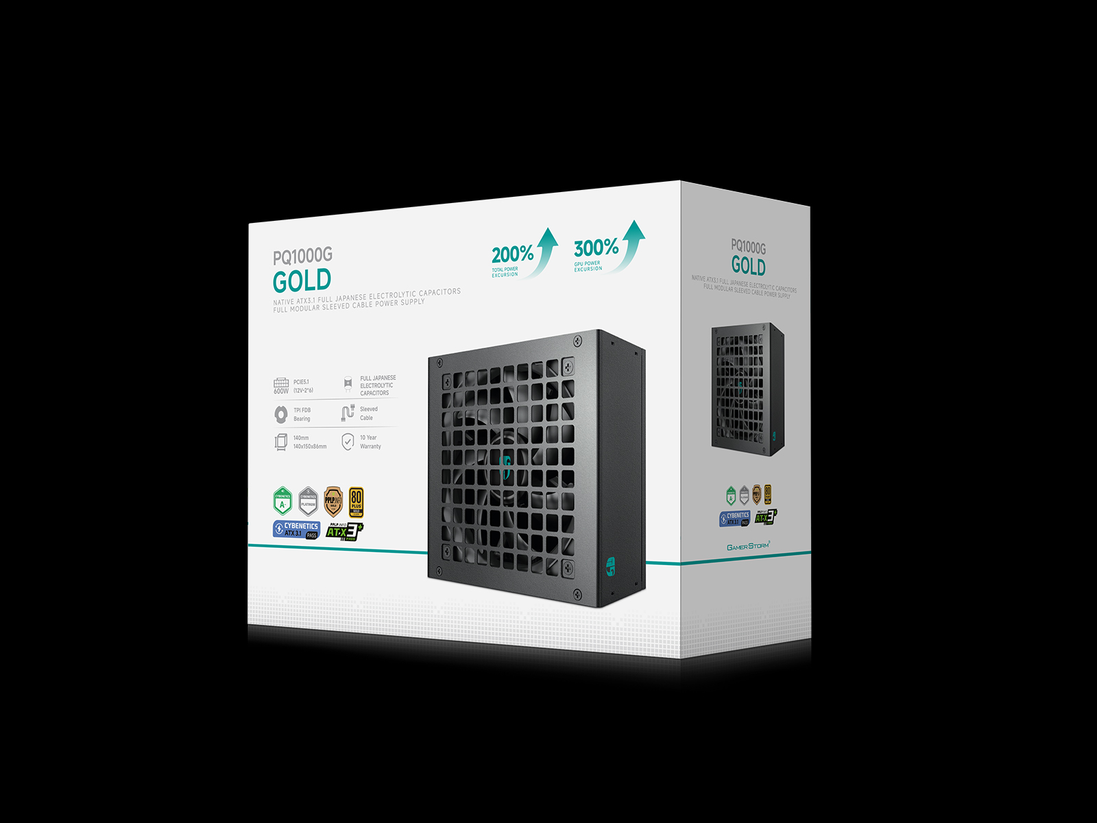 DeepCool PQ1000G Fully Modular Power Supply, 1000W Power, 80 PLUS Gold Efficiency, Fluid Dynamic Bearing Fan, Full Japanese Electrolytic Capacitors, ATX12V V3.1 Type, Black