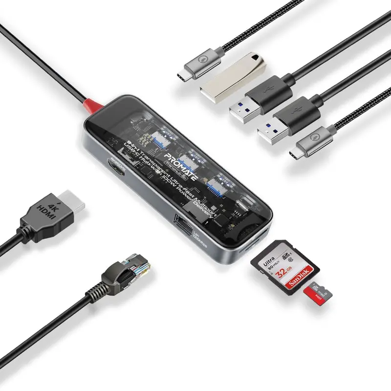 Promate 9-in-1 Transparent Ultra-Fast Multiport USB-C Hub with 100W Power Delivery (TransHub-Go)4796