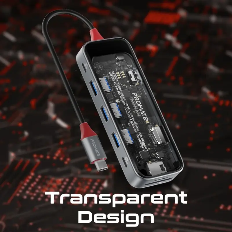 Promate 9-in-1 Transparent Ultra-Fast Multiport USB-C Hub with 100W Power Delivery (TransHub-Go)4796