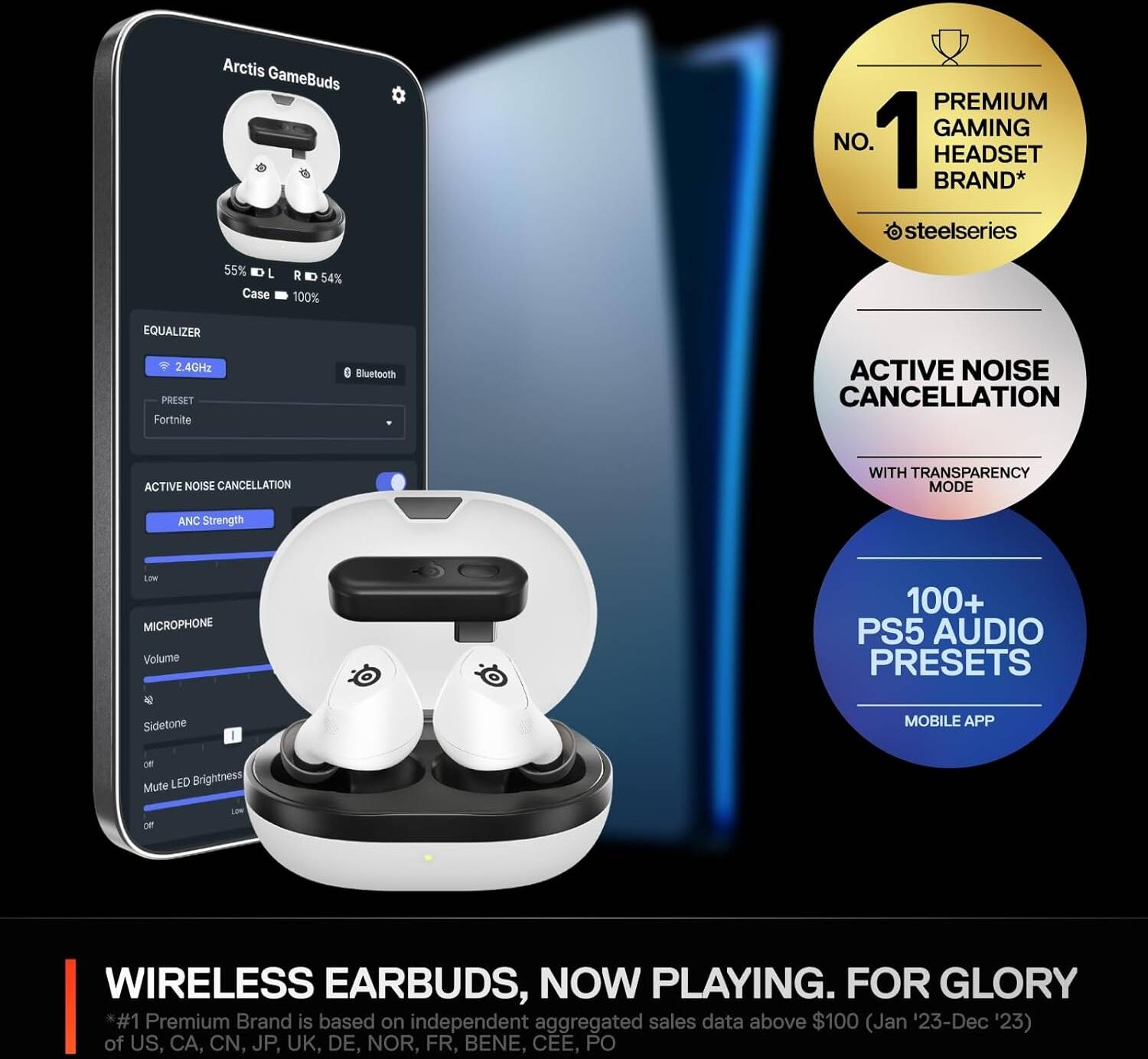 SteelSeries Arctis Gamebuds for PlayStation, Neodymium Magnetic Drivers, 4 mic Hybrid Active Noise Cancellation, Bluetooth 5.3 & Quick Switch 2.4GHz Connectivity, Up to 40 Hours, White | 61682
