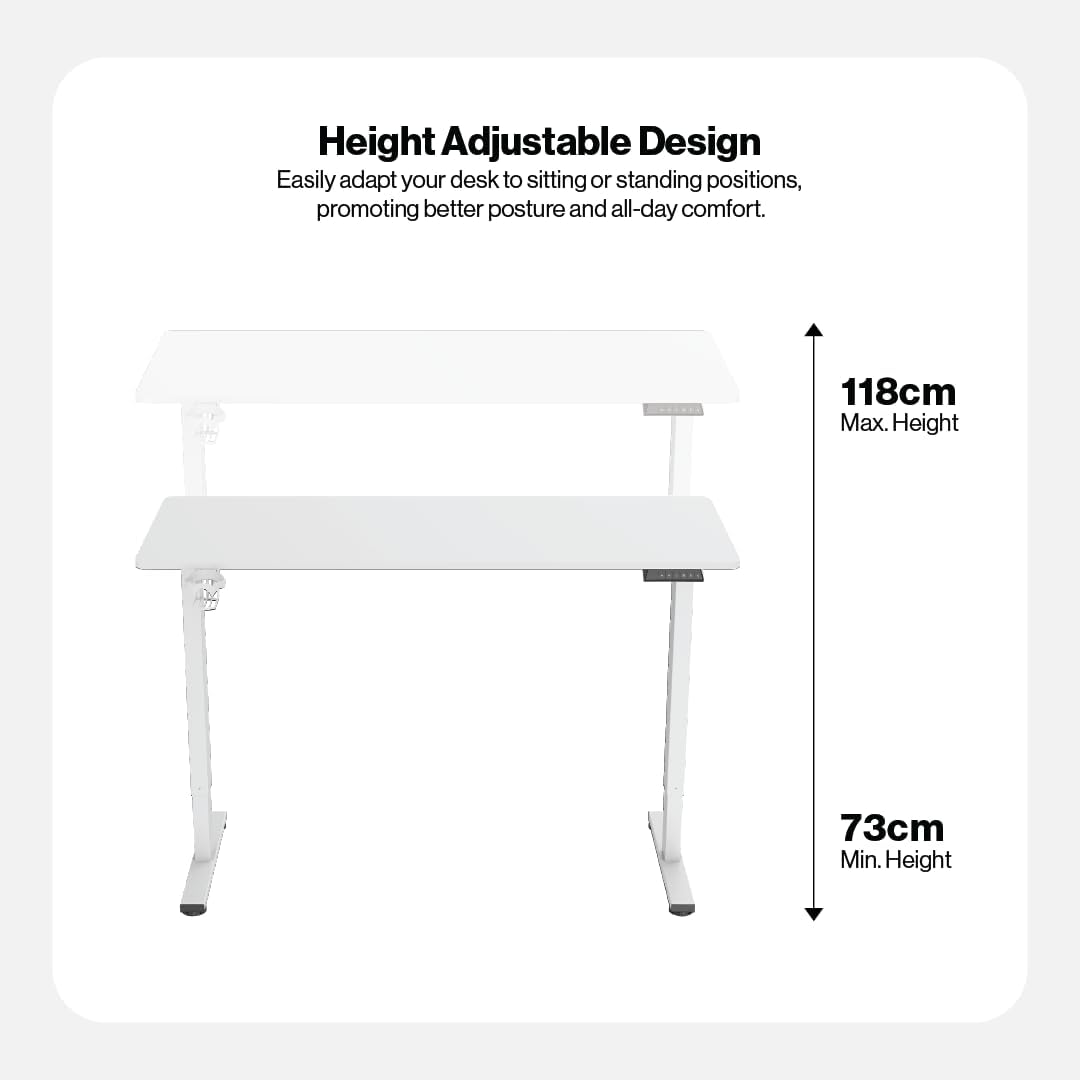 Navodesk LITE, Electric Height Adjustable Standing Desk, Electric Sit-Stand Desk with a Storage Hook for Small Backpacks or Heaphones, Ergonomic Adjustable Office Table (WHITE, 140 X 60 CM)