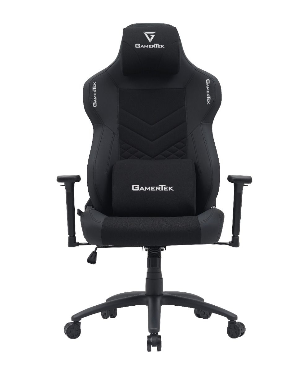 GamerTek Quest Conqueror Black Edition Gaming Chair, High-Density Foam Padding, Recline Function, 4D Armrests, Memory Foam Headrest & Pillow PU Leather, Max Weight Up to 150 Kg, Black