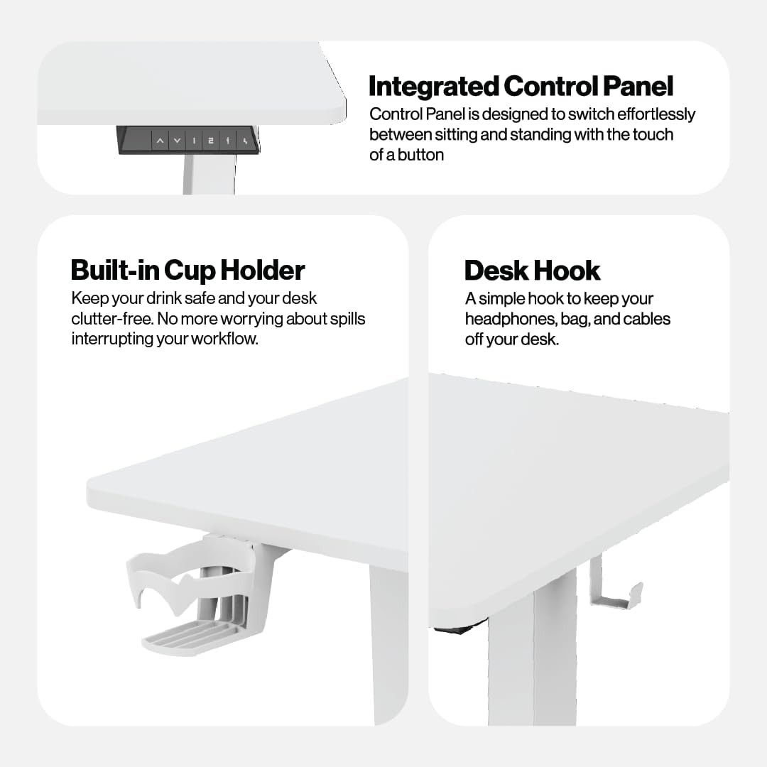 Navodesk LITE, Electric Height Adjustable Standing Desk, Electric Sit-Stand Desk with a Storage Hook for Small Backpacks or Heaphones, Ergonomic Adjustable Office Table (WHITE, 140 X 60 CM)