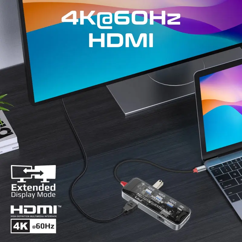 Promate 9-in-1 Transparent Ultra-Fast Multiport USB-C Hub with 100W Power Delivery (TransHub-Go)4796