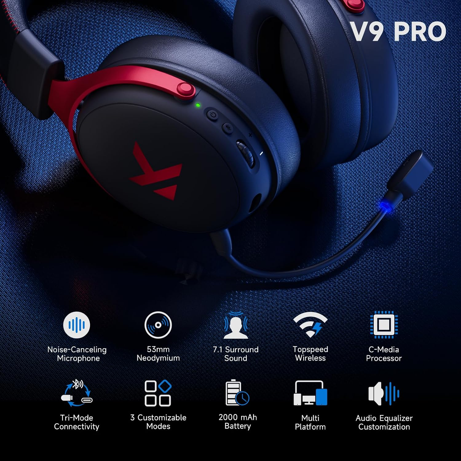 MCHOSE V9-4 PRO Wireless Gaming Headset – Black & Red – V9 Series 3947