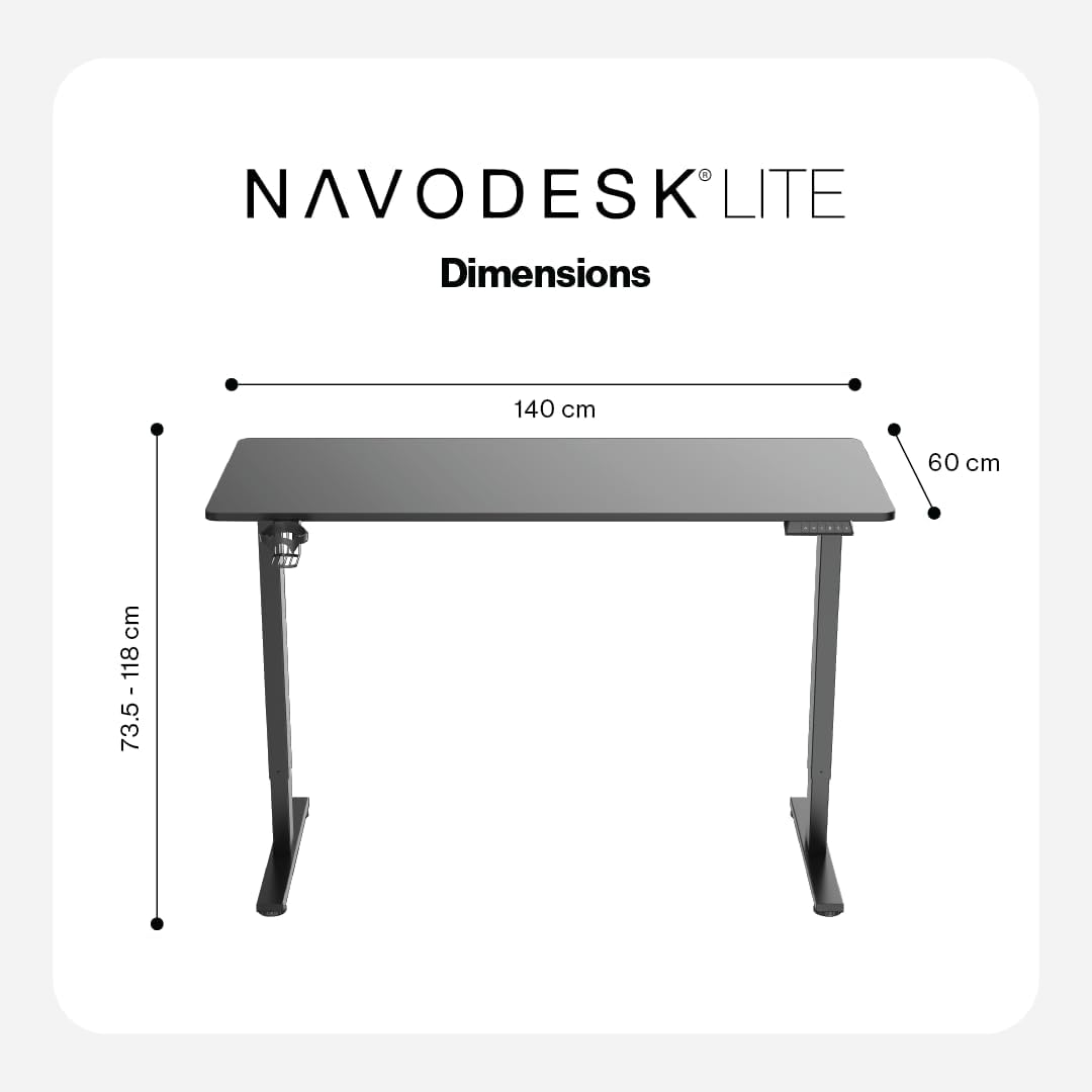 Navodesk LITE, Electric Height Adjustable Standing Desk, Electric Sit-Stand Desk with a Storage Hook for Small Backpacks or Heaphones, Ergonomic Adjustable Office Table (BLACK, 140 X 60 CM)
