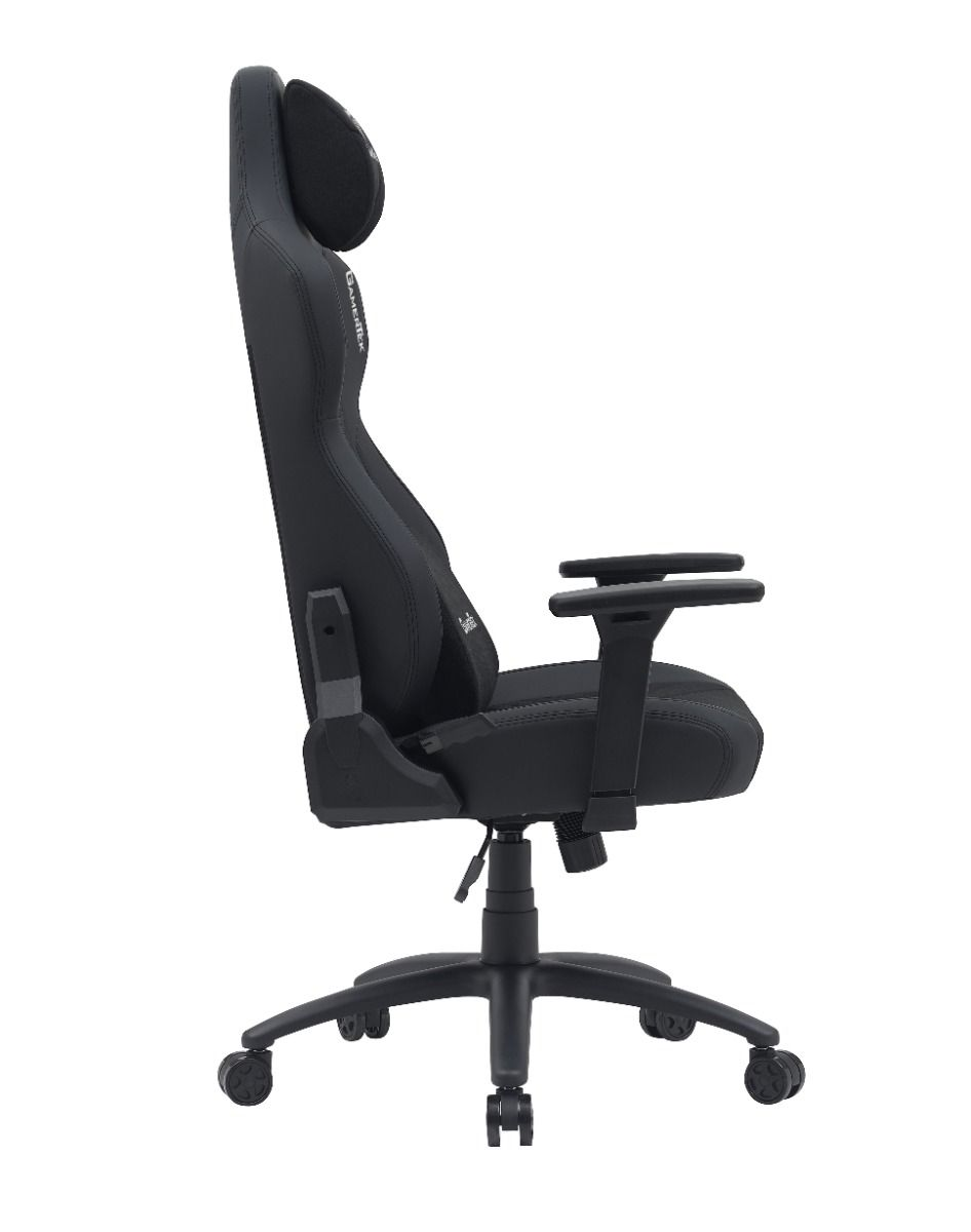 GamerTek Quest Conqueror Black Edition Gaming Chair, High-Density Foam Padding, Recline Function, 4D Armrests, Memory Foam Headrest & Pillow PU Leather, Max Weight Up to 150 Kg, Black