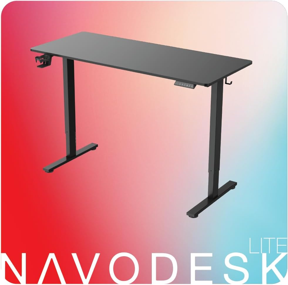Navodesk LITE, Electric Height Adjustable Standing Desk, Electric Sit-Stand Desk with a Storage Hook for Small Backpacks or Heaphones, Ergonomic Adjustable Office Table (BLACK, 140 X 60 CM)