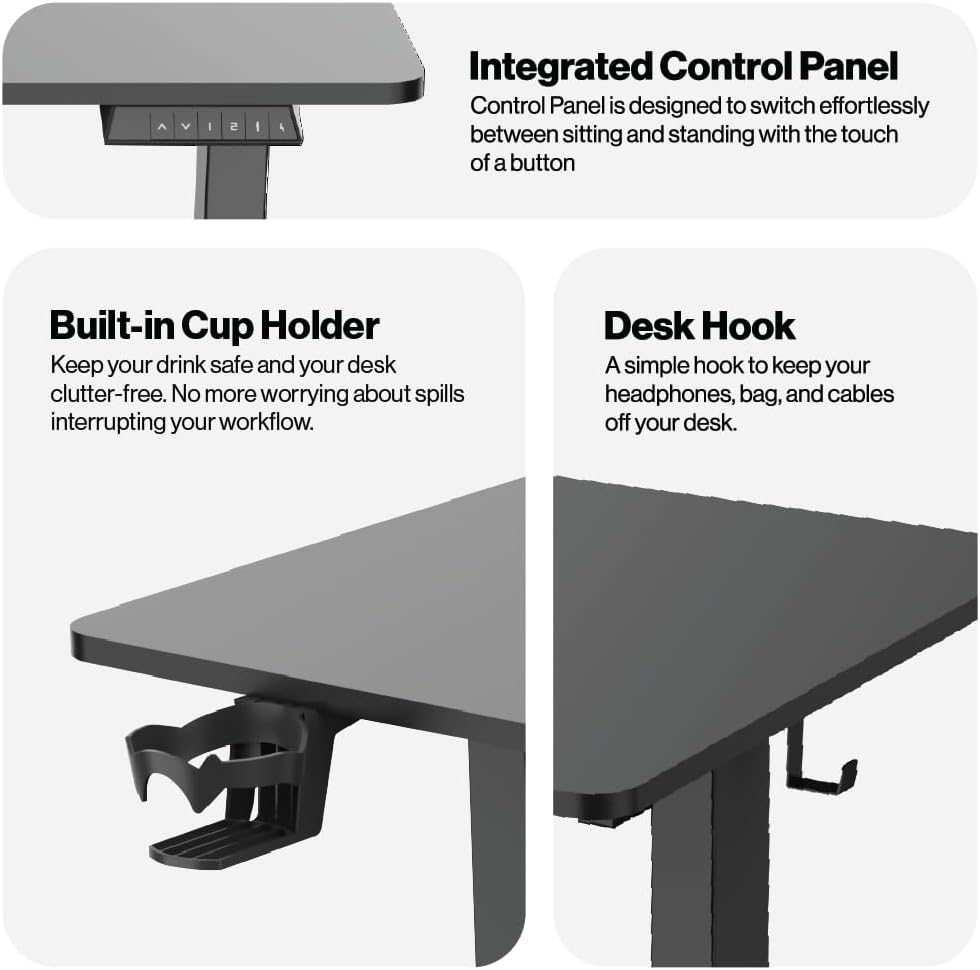 Navodesk LITE, Electric Height Adjustable Standing Desk, Electric Sit-Stand Desk with a Storage Hook for Small Backpacks or Heaphones, Ergonomic Adjustable Office Table (BLACK, 140 X 60 CM)