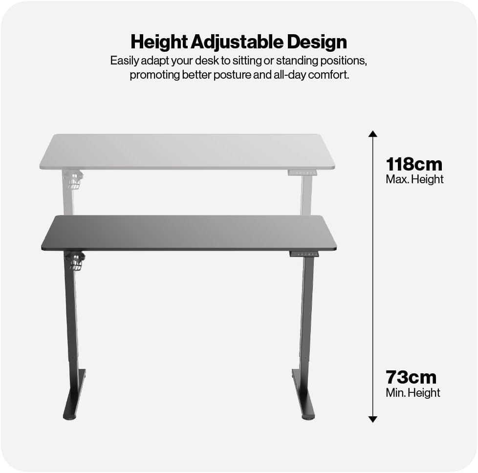 Navodesk LITE, Electric Height Adjustable Standing Desk, Electric Sit-Stand Desk with a Storage Hook for Small Backpacks or Heaphones, Ergonomic Adjustable Office Table (BLACK, 140 X 60 CM)