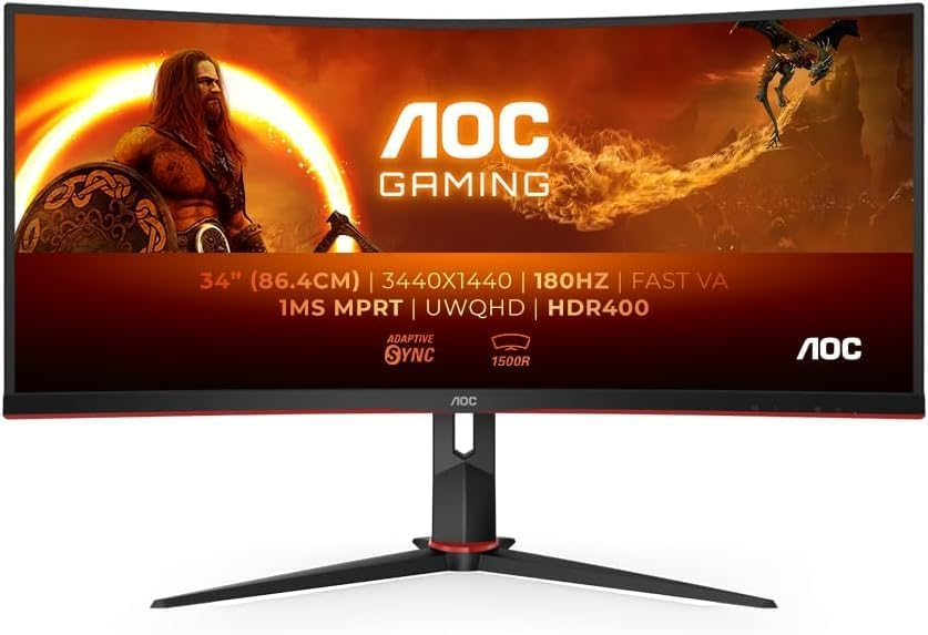 AOC CU34G2XP/BK Gaming Monitor - 34" WLED Curved Monitor - 180Hz Refresh Rate, 5ms Response Time