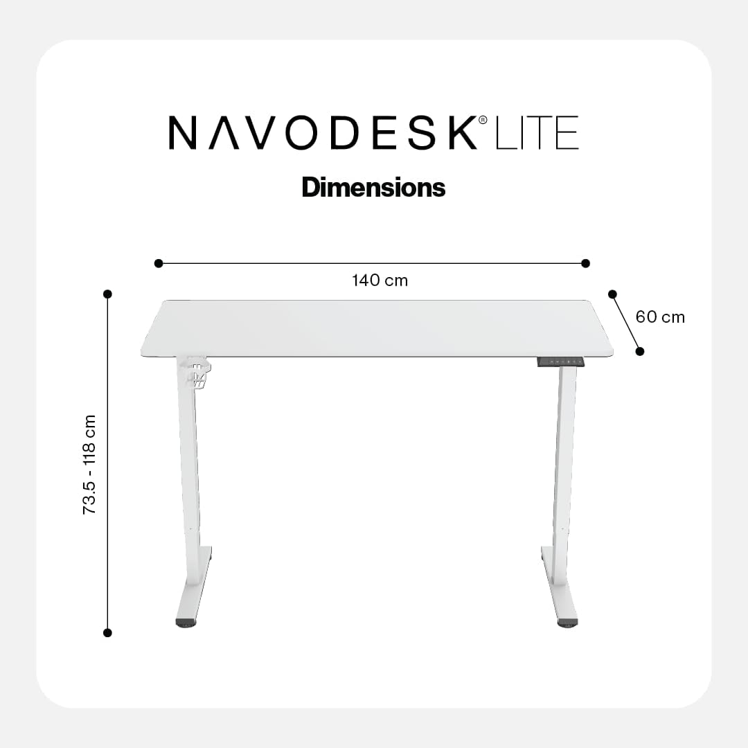 Navodesk LITE, Electric Height Adjustable Standing Desk, Electric Sit-Stand Desk with a Storage Hook for Small Backpacks or Heaphones, Ergonomic Adjustable Office Table (WHITE, 140 X 60 CM)
