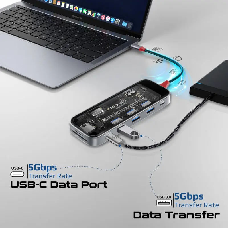 Promate 9-in-1 Transparent Ultra-Fast Multiport USB-C Hub with 100W Power Delivery (TransHub-Go)4796