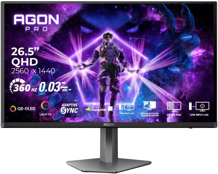 AGON PRO , 27'' QD-OLED Gaming Monitor, 2560×1440 PX, QD-OLED, 360Hz refresh rate, 0.03MS GtG, PBP/PIP, HDMI 2.1x2, Display Port 1.4x2, Adaptive Sync, Light FX, Sniper Scope, Height Adjustment