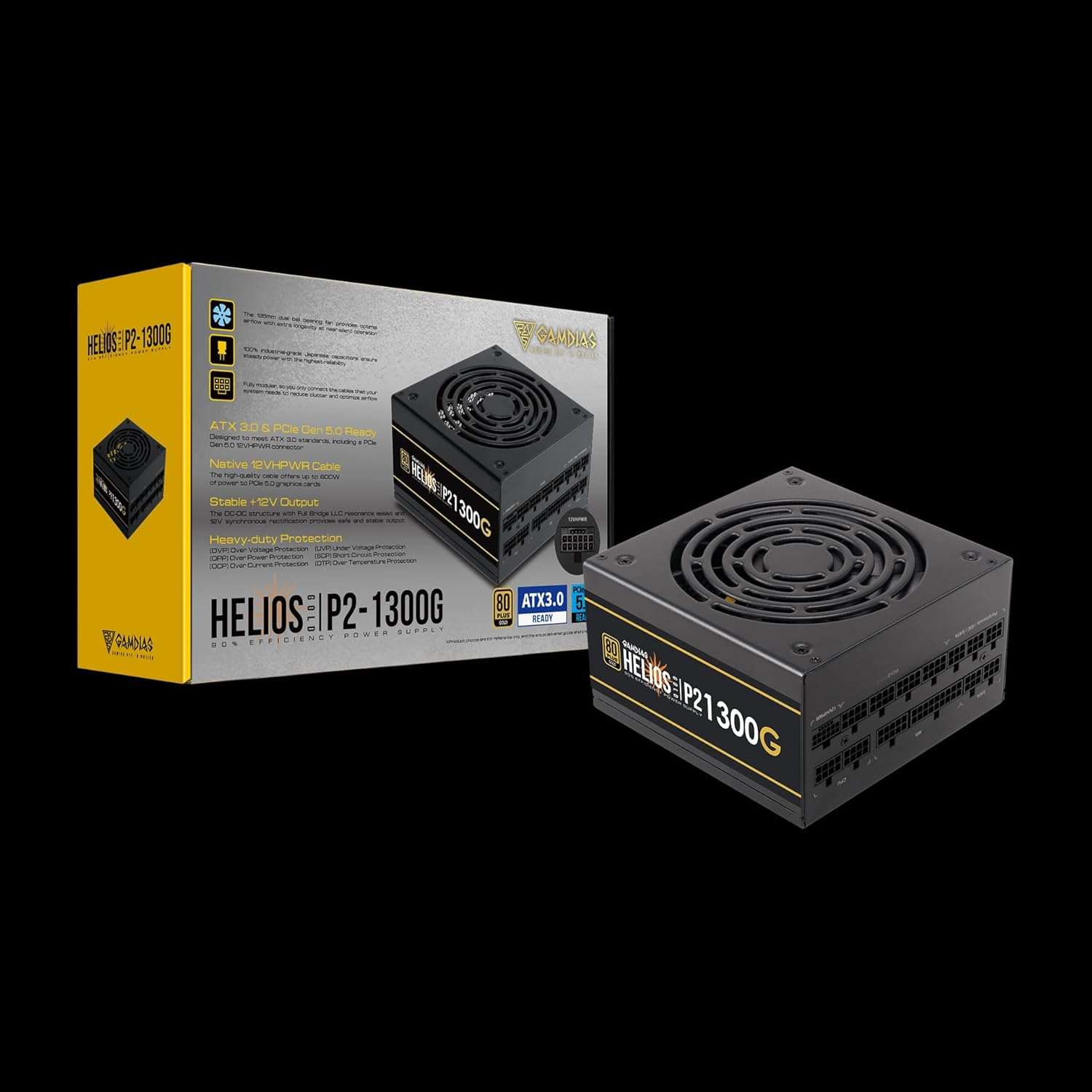 Gamdias Helios P2 1300G Power Supply, 1300W 80 Plus Gold Efficiency/Cybernetics Gold, Fully Modular, Native 12VHPWR Cable, PCIe Gen 5.0 Ready, Dual-ball Bearing Fan, Black