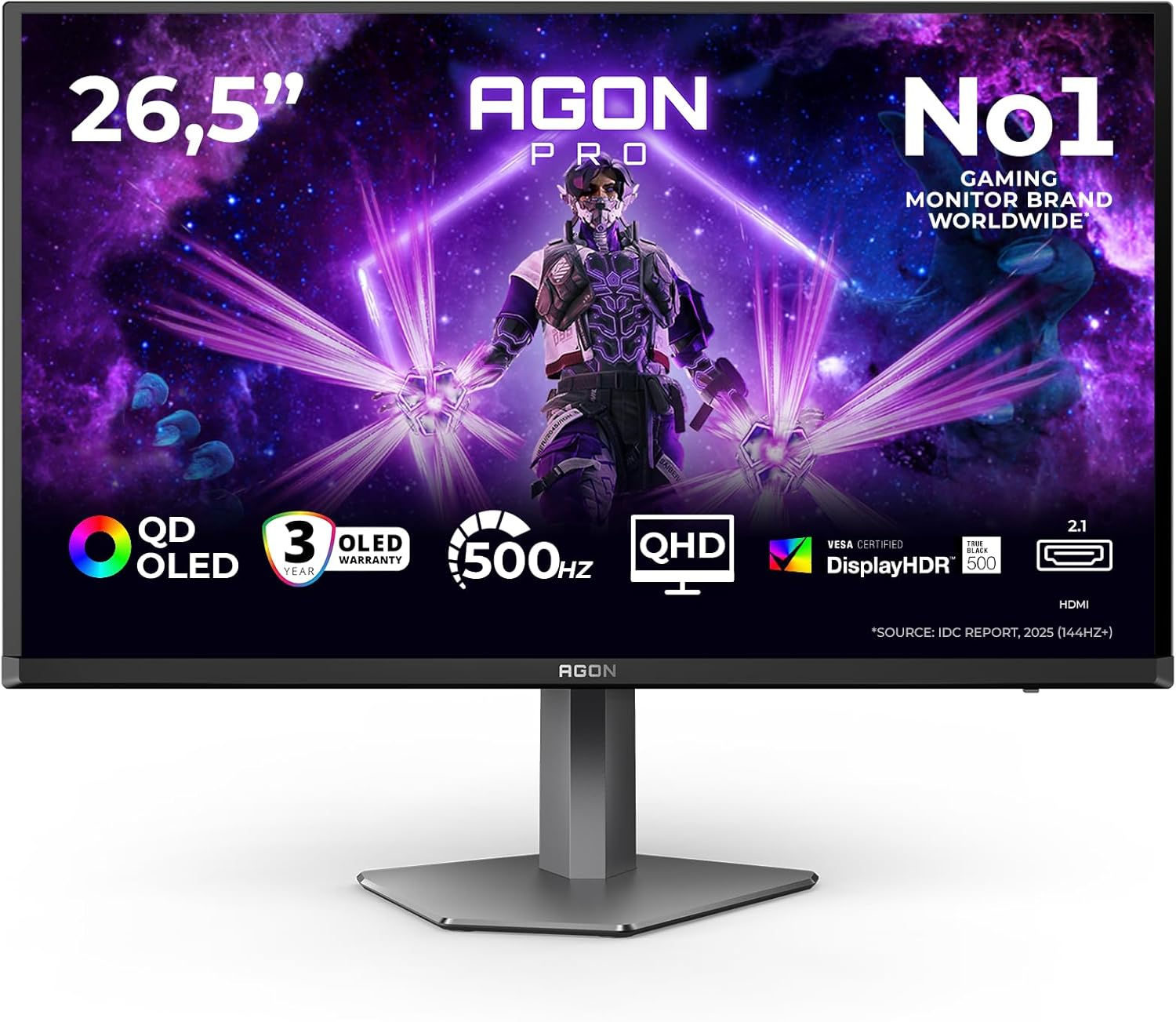 AOC Gaming Monitor AG276QKD2 27 Inch 500Hz QD-OLED Dalle, 0.03 ms GtG, HDR500 TrueBlack, G-Sync Compatible, in Speaker, USB Hub (2560 x 1440 HDMI 2 x 2.1 DP 1 x 2.1) Black