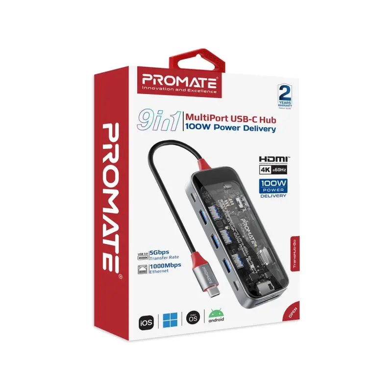 Promate 9-in-1 Transparent Ultra-Fast Multiport USB-C Hub with 100W Power Delivery (TransHub-Go)4796
