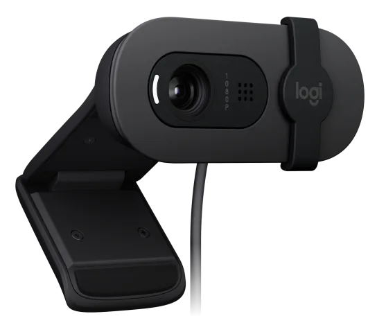 BRIO 100 Full HD 1080p webcam with auto-light balance, integrated privacy shutter, and built-in mic