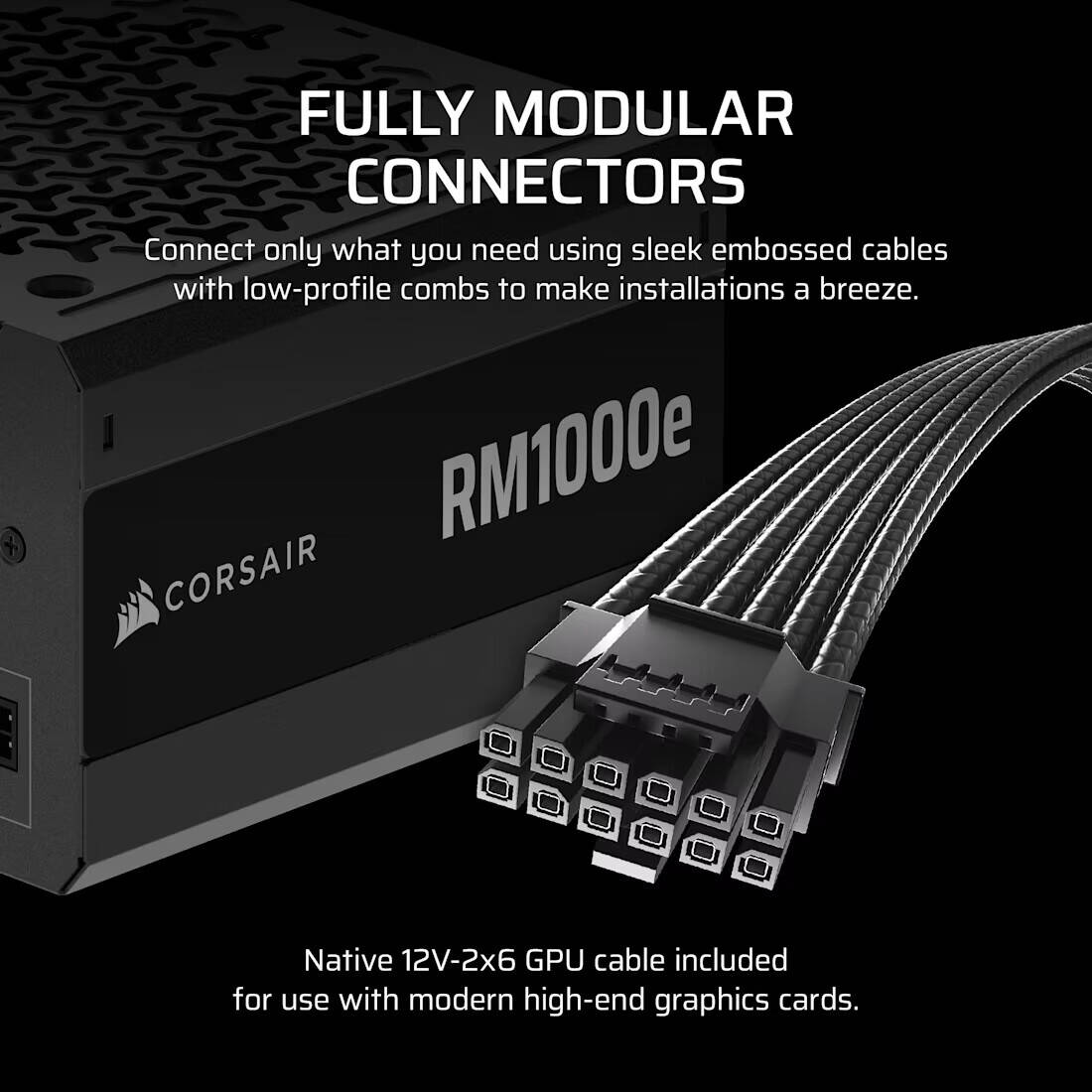 Corsair RMe Series RM1000e V3 Fully Modular Low-Noise ATX Power Supply, 1000W Power, 80 PLUS Gold Efficiency, 120mm Rifle Bearing Fan, Zero RPM Fan Mode, ATX 3.1 Certified, Black