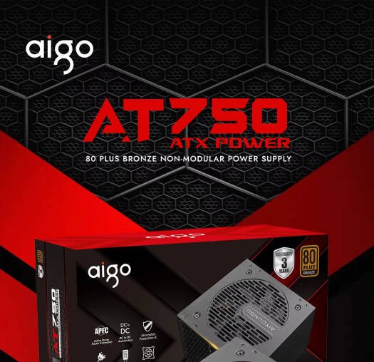 Aigo AT750 Non Modular Power Supply, 80 Plus Bronze Certification, 750W Power, Active PFC, Taiwanese 105° Capacitors, Hydraulic Bearing, 120mm Fan, Black | AT750