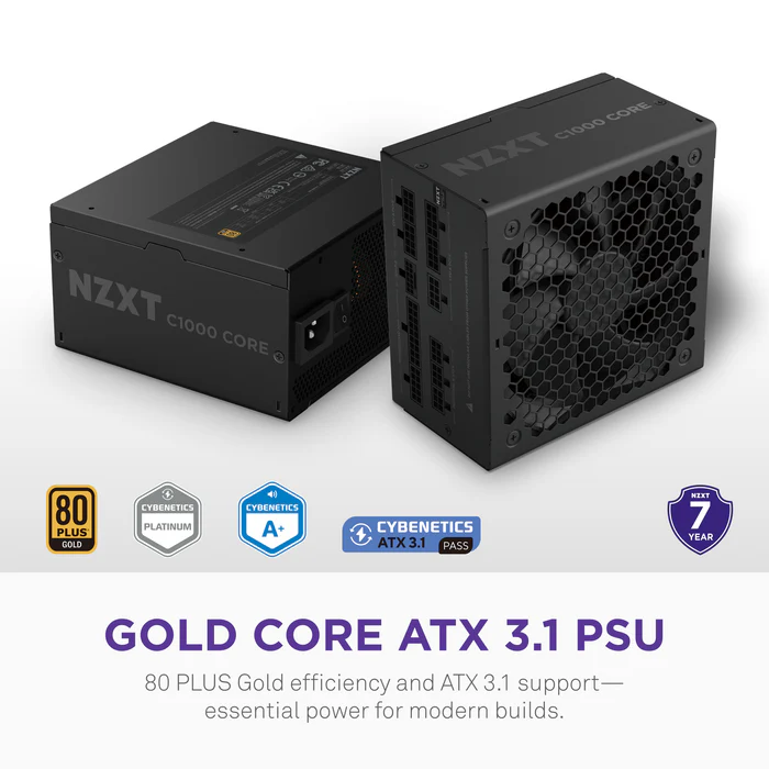 NZXT C1000 Gold Core - 1000W ATX 3.1 Power Supply - 80 PLUS Gold - Cybenetics Platinum - Fully Modular - PCIe 5.1 600W 12V-2x6 - Zero RPM Fan - 105°C Capacitors - Black