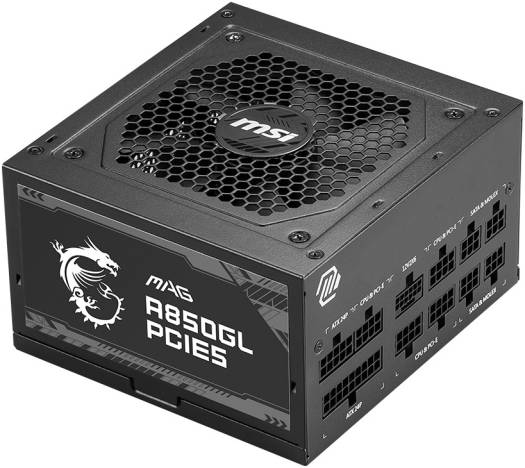 MSI MAG A850GL PCIE5 850W Modular Power Supply, Intel ATX12V Version 3.0, 120mm Cooling Fan, 80 Plus Gold Efficiency Rating, 4 x PCIe 6+2-Pin Connectors, 8 x SATA Connectors - Black