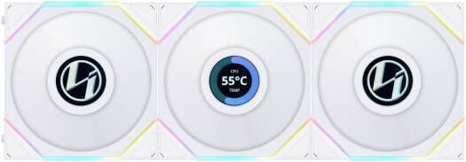 Lian Li Uni Fan TL 120 Reverse Blade Case Fan, 1.6" LCD, 120mm Fan Size, 1900 RPM Fan Speed, 54.3 CFM Airflow, PA66 / PBT Materials, FD Bearing, Triple Pack, W/ Controller, White | G99.12RTLLCD3W.00