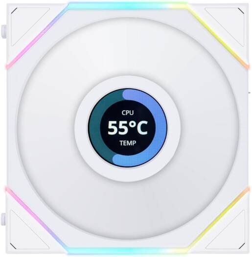 Lian Li Uni Fan TL 120 Case Fan, 1.6â€ LCD, 120mm Fan Size, 1900 RPM Fan Speed, 62 CFM Airflow, PA66 / PBT Materials, Fluid Dynamic Bearing, Single Pack, White | G99.12TLLCD1W.00
