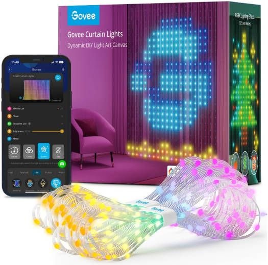 Govee Curtain Lights, 520 Teardrop-Shaped Light Beads, Dynamic DIY Mode, 86+ Scenes, 3 Installation Methods, Music Mode, IP65-Rated Curtain Lights & Control Box, IP44-Rated Adapter | H70B12A1