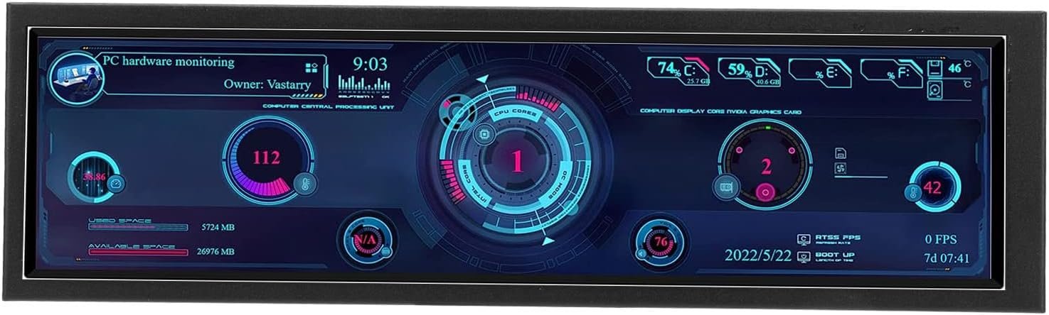 Bewinner 8.8 Inch IPS USB Mini Screen, 1920x480 IPS LCD Screen Temperature Monitor for Aida64 PC CPU Monitor GPU Fan Speed Computer Temperature Memory Sub Display Cars LiveDash DIY Kits