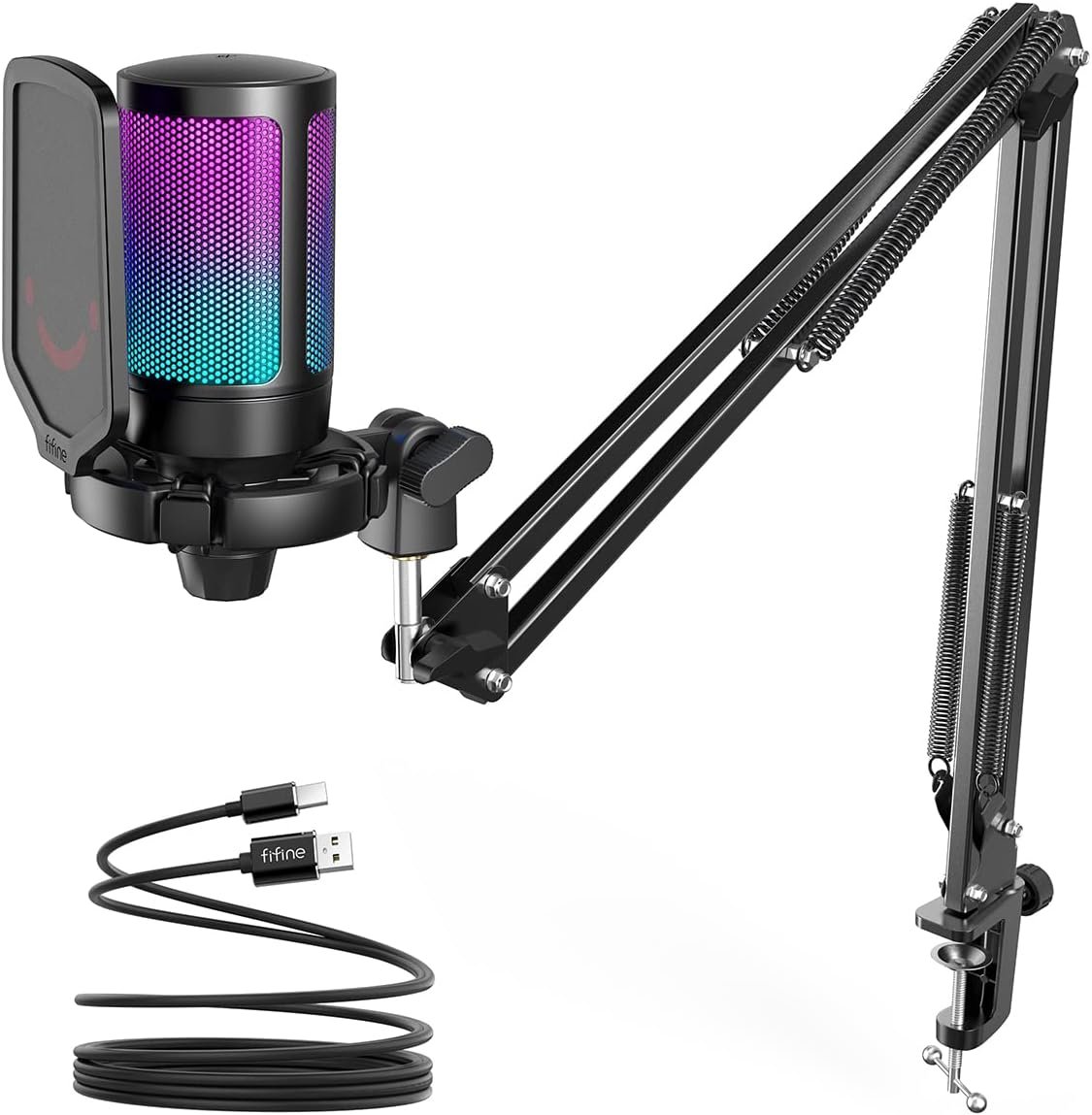  FIFINE Gaming PC USB Microphone, RGB Computer Mic for PS4/5, Podcast Condenser Mic with Boom Arm, Pop Filter, Mute Button for Streaming, Twitch, Online Chat...