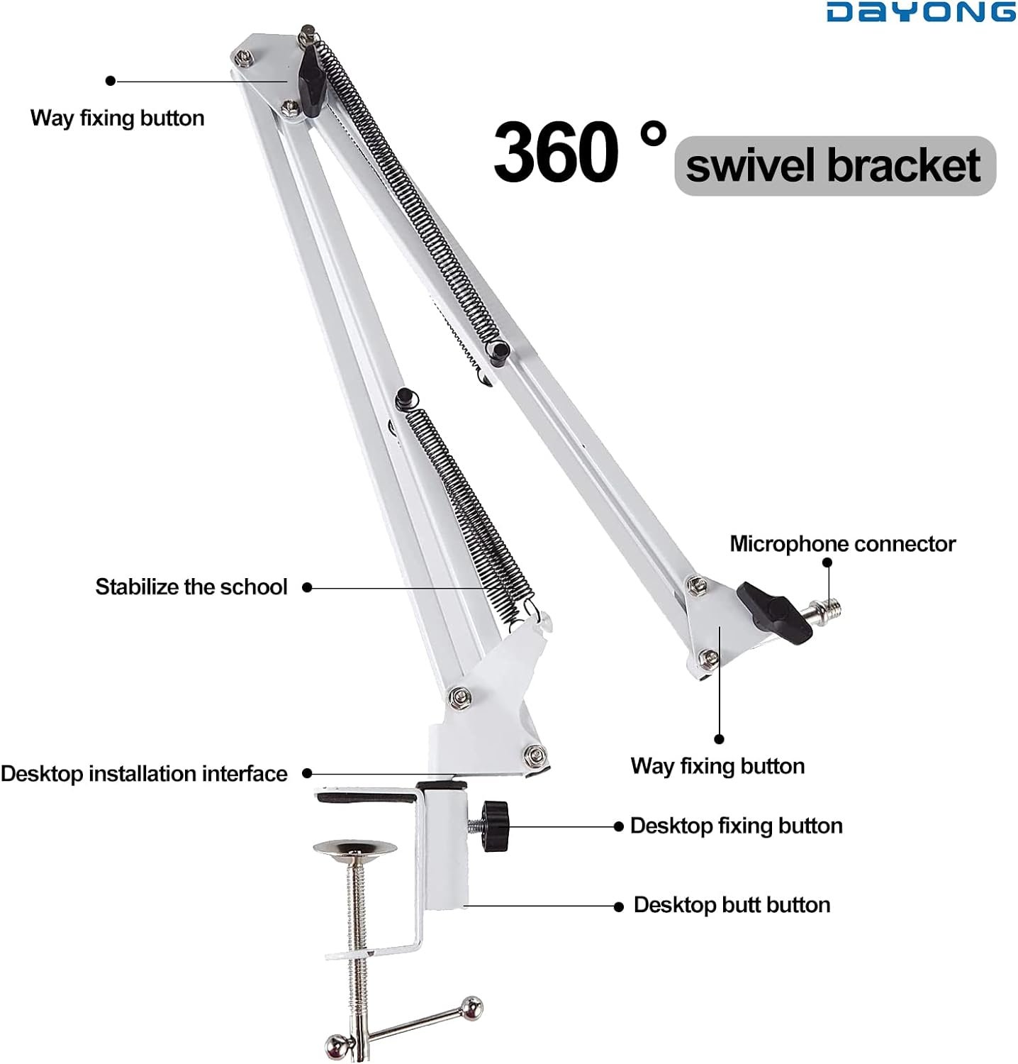  DAYONG Microphone Boom Stand,Heavy Duty Mic Boom Arm Desk Mount Adjustable Suspension Mic Stand (White)