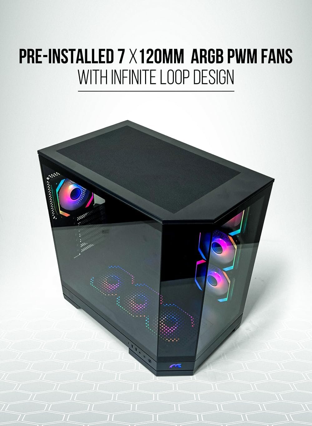Tortox Prism Triple Glass Panel ATX/M-ATX Gaming PC Case with 7*ARGB PWM Fans, Type-C USB Port, Supports 360MM Radiator, 7 Expansion Slot, Included GPU..