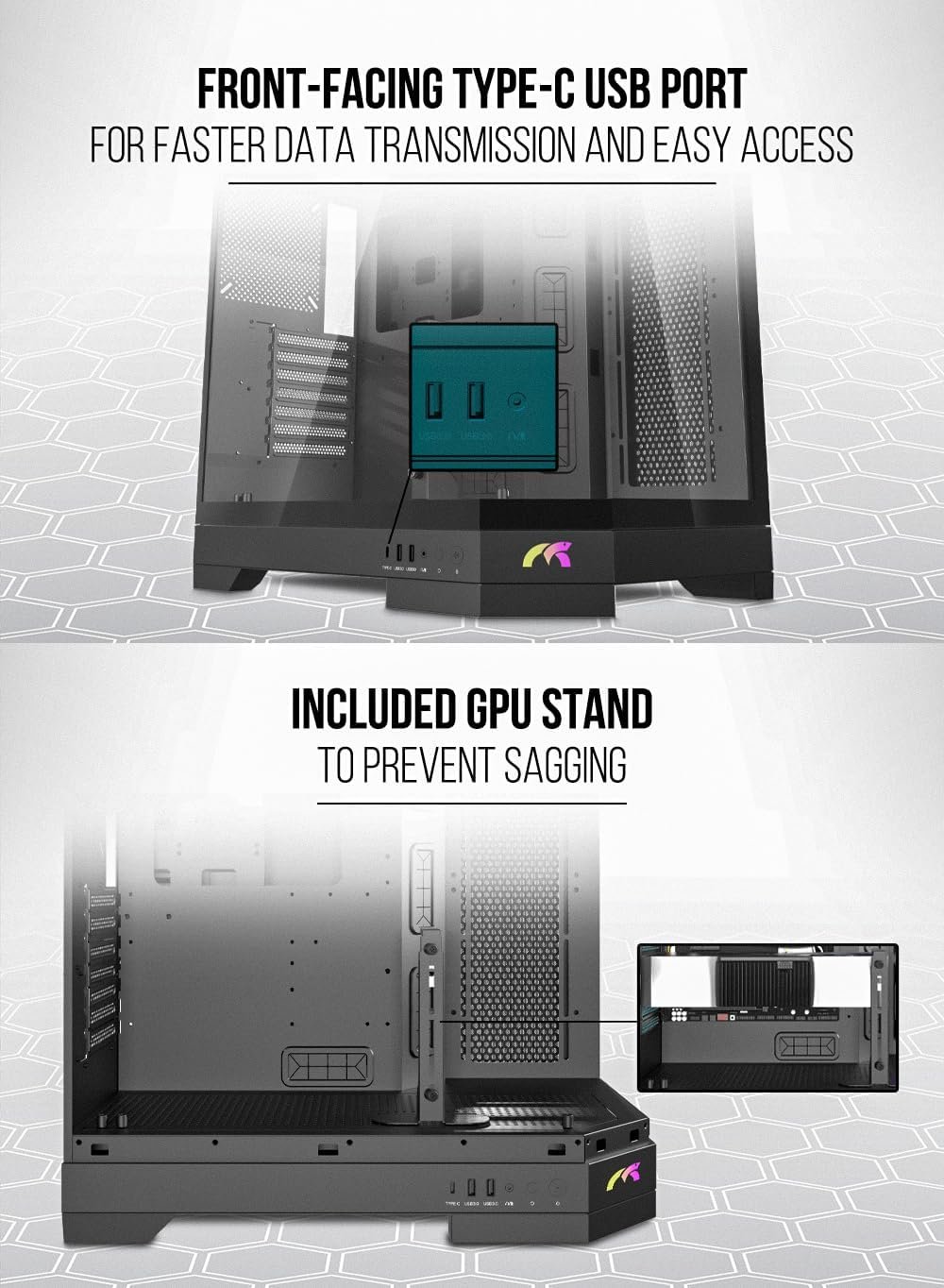 Tortox Prism Triple Glass Panel ATX/M-ATX Gaming PC Case with 7*ARGB PWM Fans, Type-C USB Port, Supports 360MM Radiator, 7 Expansion Slot, Included GPU..