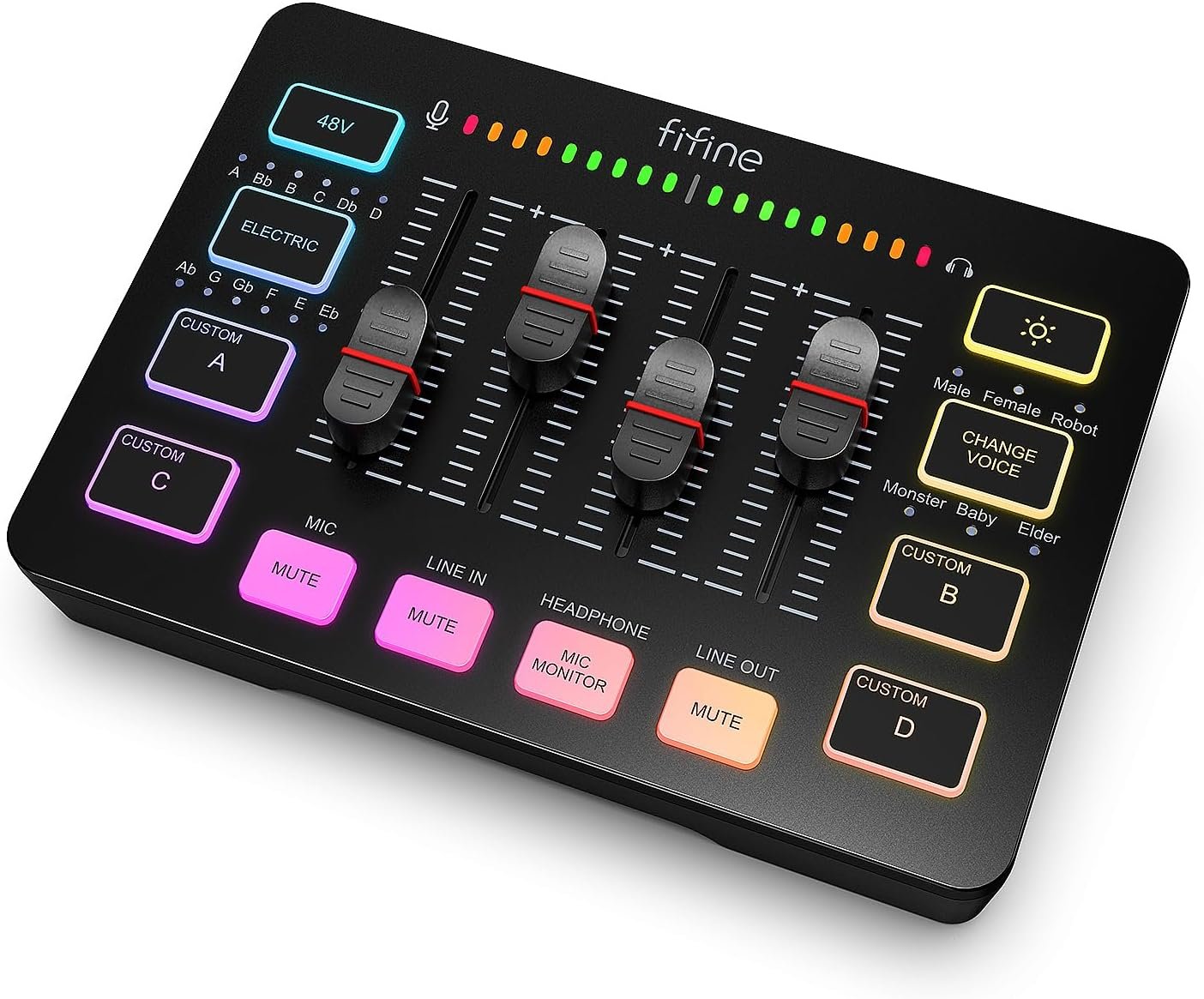  FIFINE Gaming Audio Mixer, Streaming RGB PC Mixer with XLR Microphone Interface, Individual Control, Volume Fader, Mute Button, 48V Phantom Power, for.
