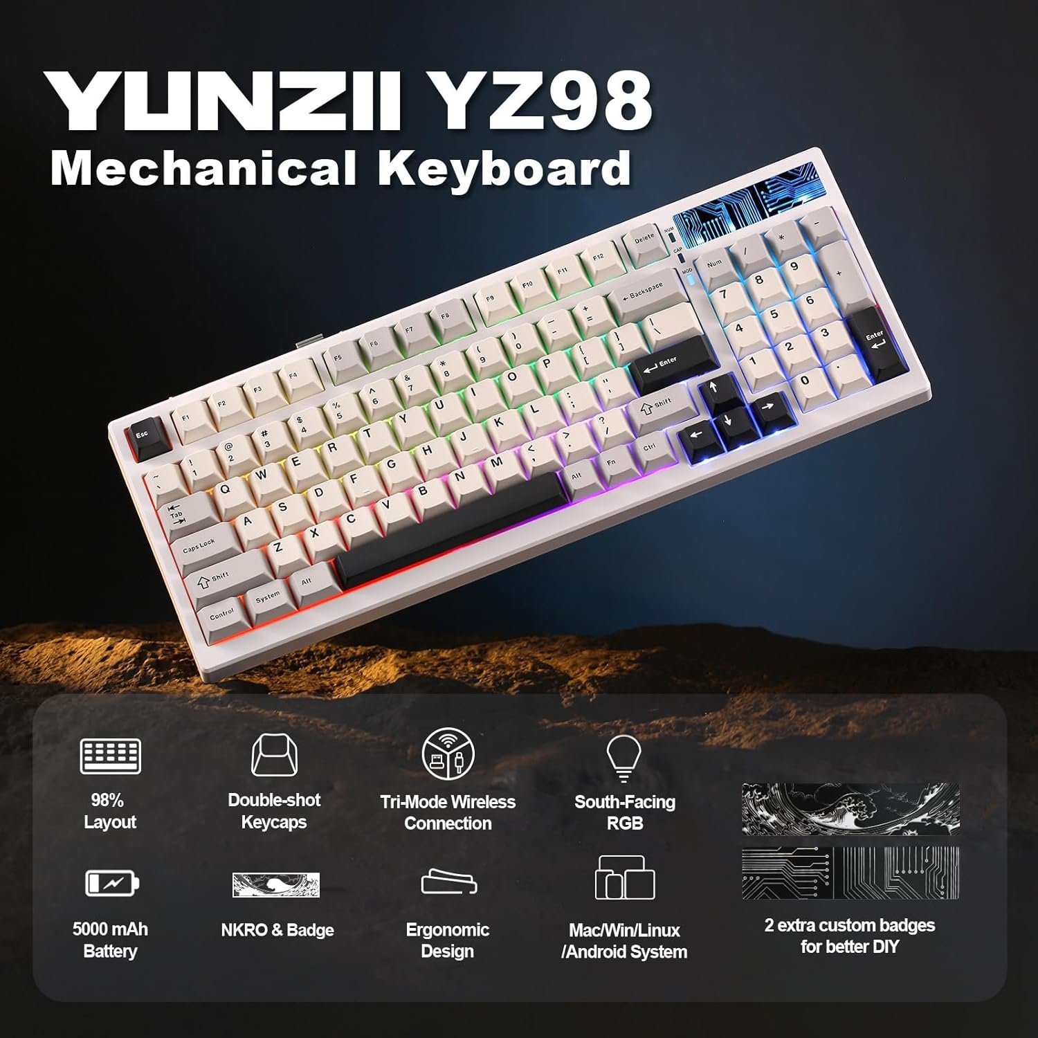  YUNZII YZ98 Gasket Mechanical Keyboard 99 Key Hot Swappable BT5.0/2.4G/USB-C Wireless Gaming Keyboard NKRO 98% 1800 Layout with RGB LED Backlit for...