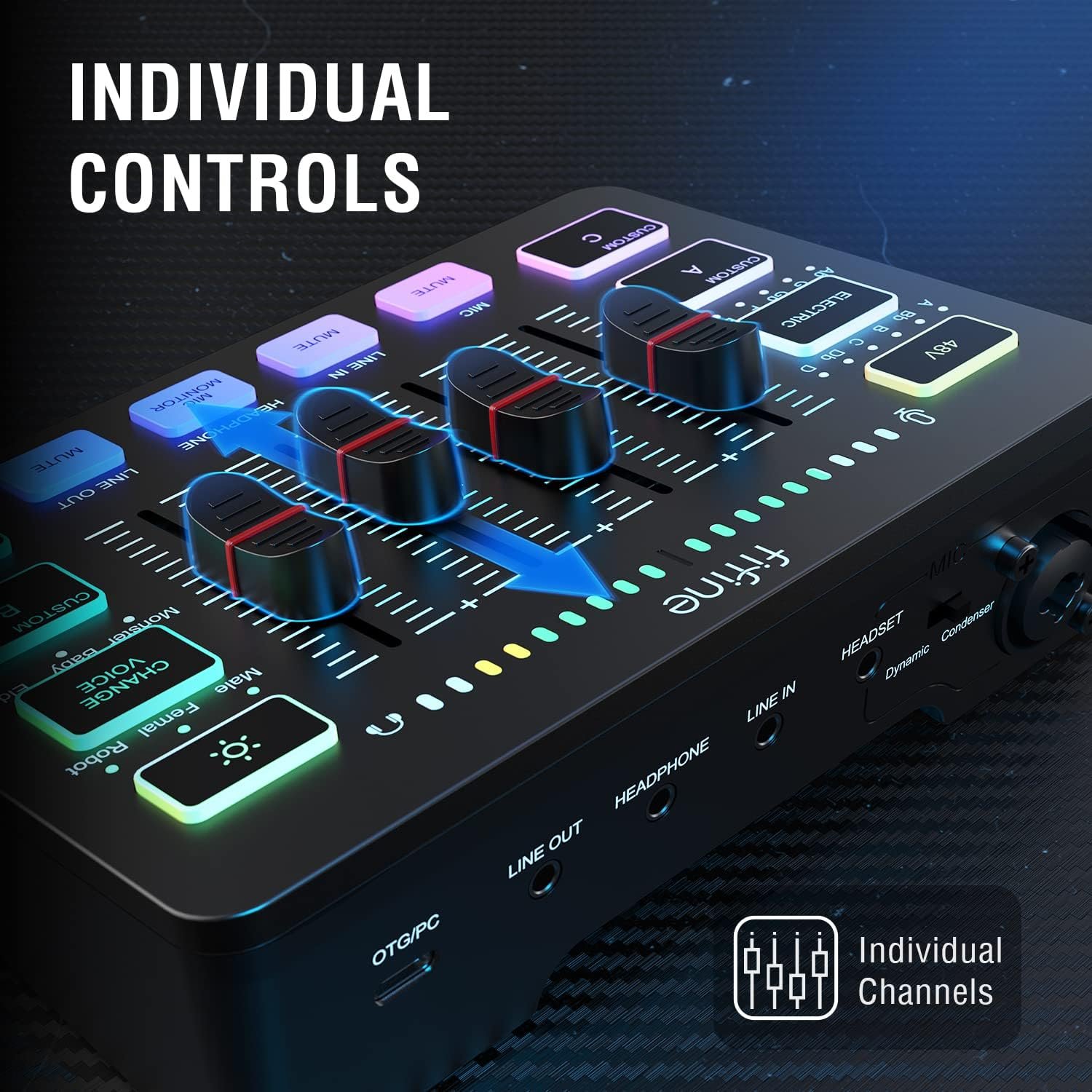  FIFINE Gaming Audio Mixer, Streaming RGB PC Mixer with XLR Microphone Interface, Individual Control, Volume Fader, Mute Button, 48V Phantom Power, for.