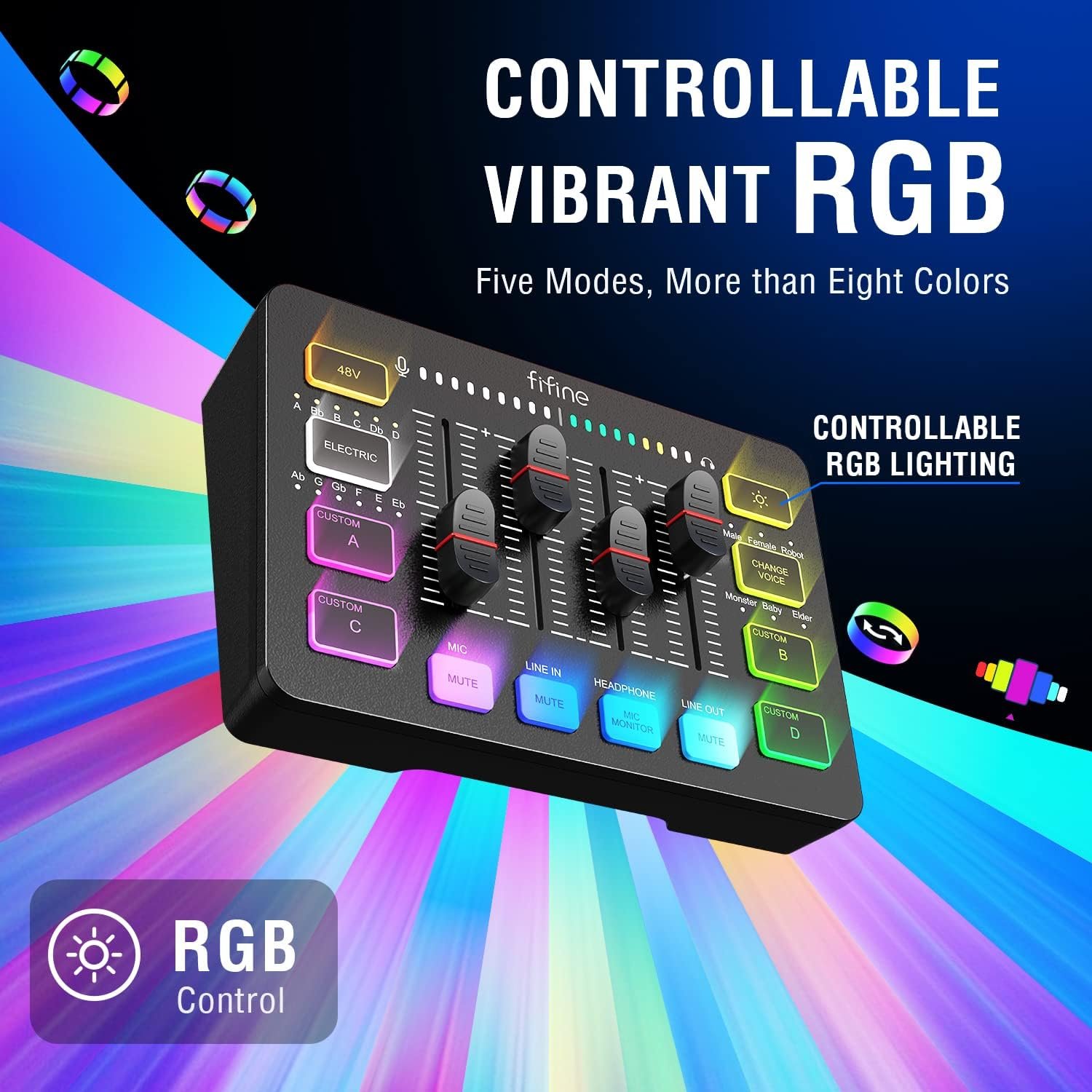  FIFINE Gaming Audio Mixer, Streaming RGB PC Mixer with XLR Microphone Interface, Individual Control, Volume Fader, Mute Button, 48V Phantom Power, for.