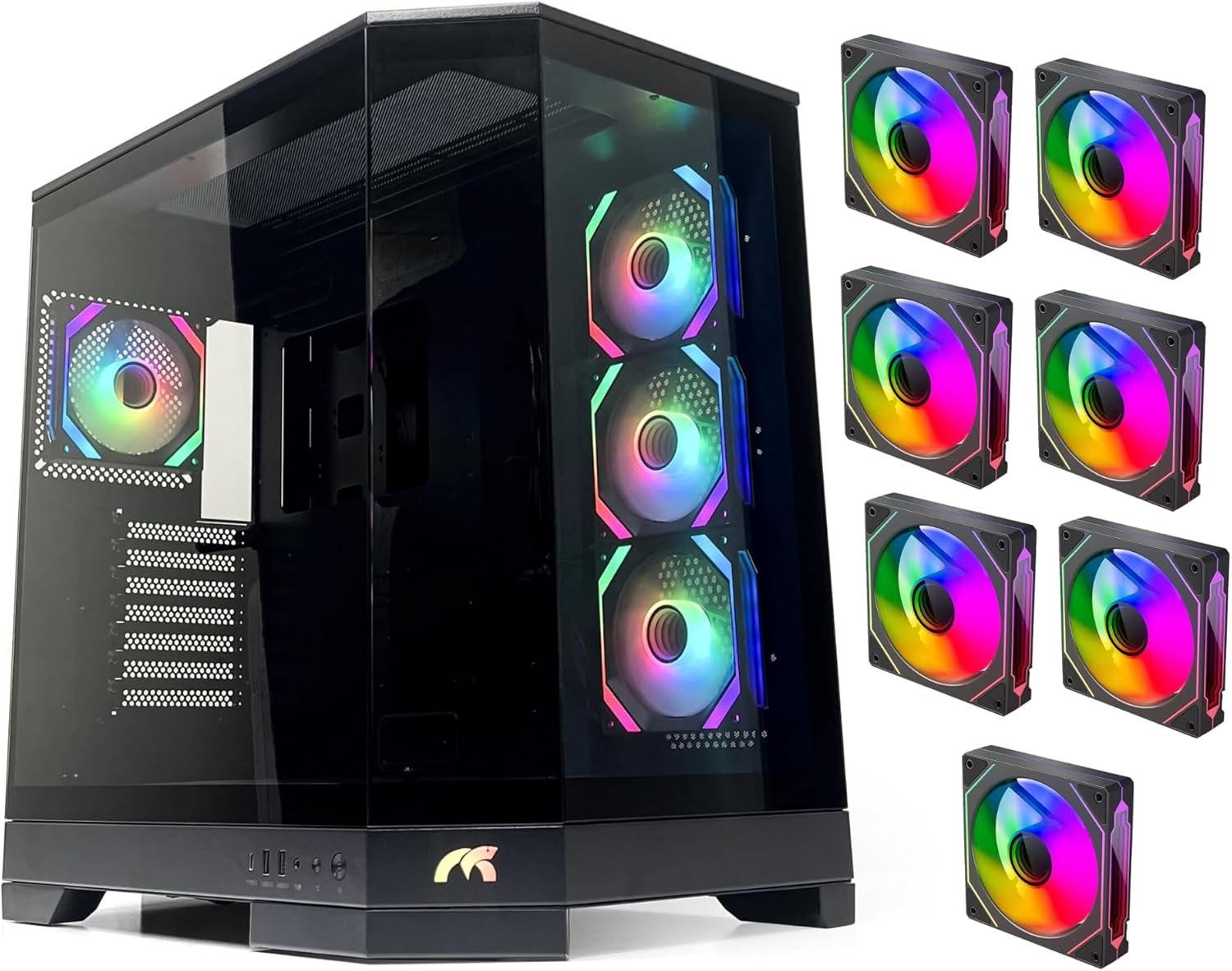Tortox Prism Triple Glass Panel ATX/M-ATX Gaming PC Case with 7*ARGB PWM Fans, Type-C USB Port, Supports 360MM Radiator, 7 Expansion Slot, Included GPU..