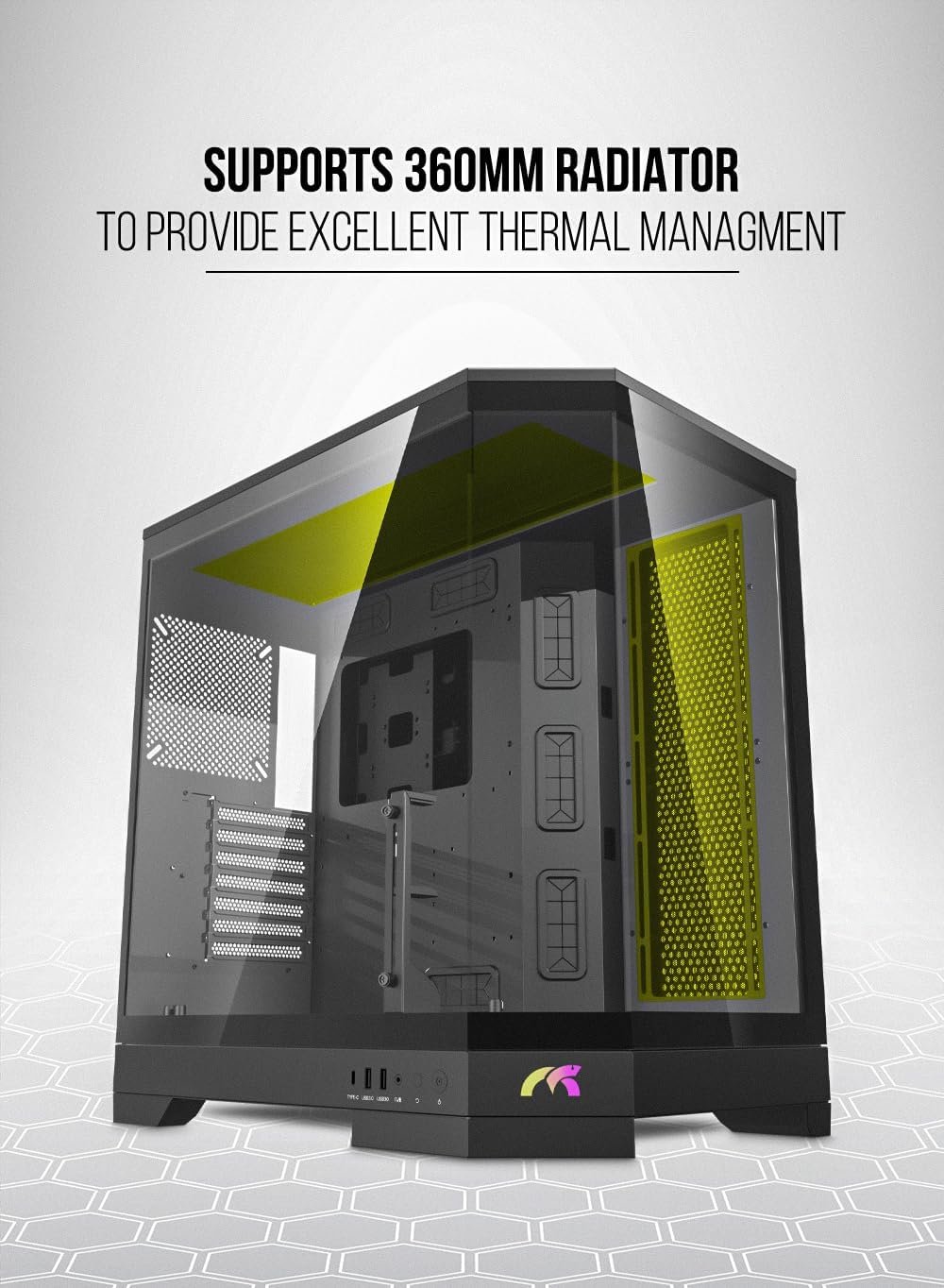 Tortox Prism Triple Glass Panel ATX/M-ATX Gaming PC Case with 7*ARGB PWM Fans, Type-C USB Port, Supports 360MM Radiator, 7 Expansion Slot, Included GPU..