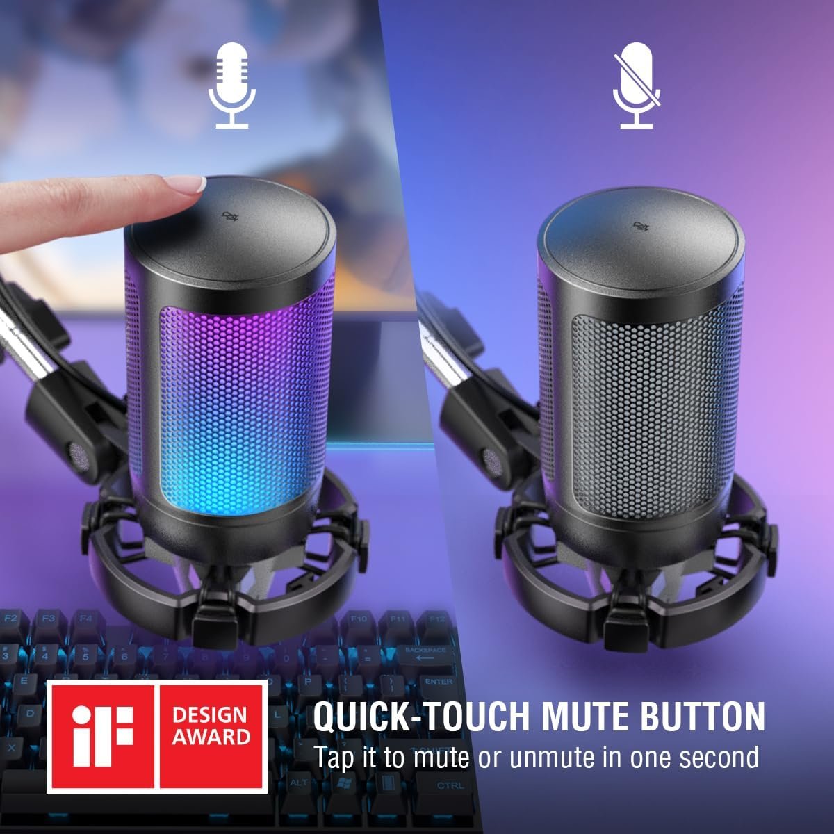  FIFINE Gaming PC USB Microphone, RGB Computer Mic for PS4/5, Podcast Condenser Mic with Boom Arm, Pop Filter, Mute Button for Streaming, Twitch, Online Chat...