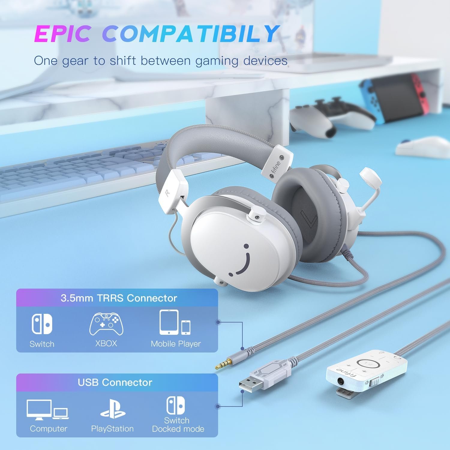  FIFINE Gaming Headset for PC, USB Headset with 7.1 Surround Sound, Detachable Microphone, Control Box, 3.5mm Headphones Jack, Gamer Over-Ear Wired Headset..