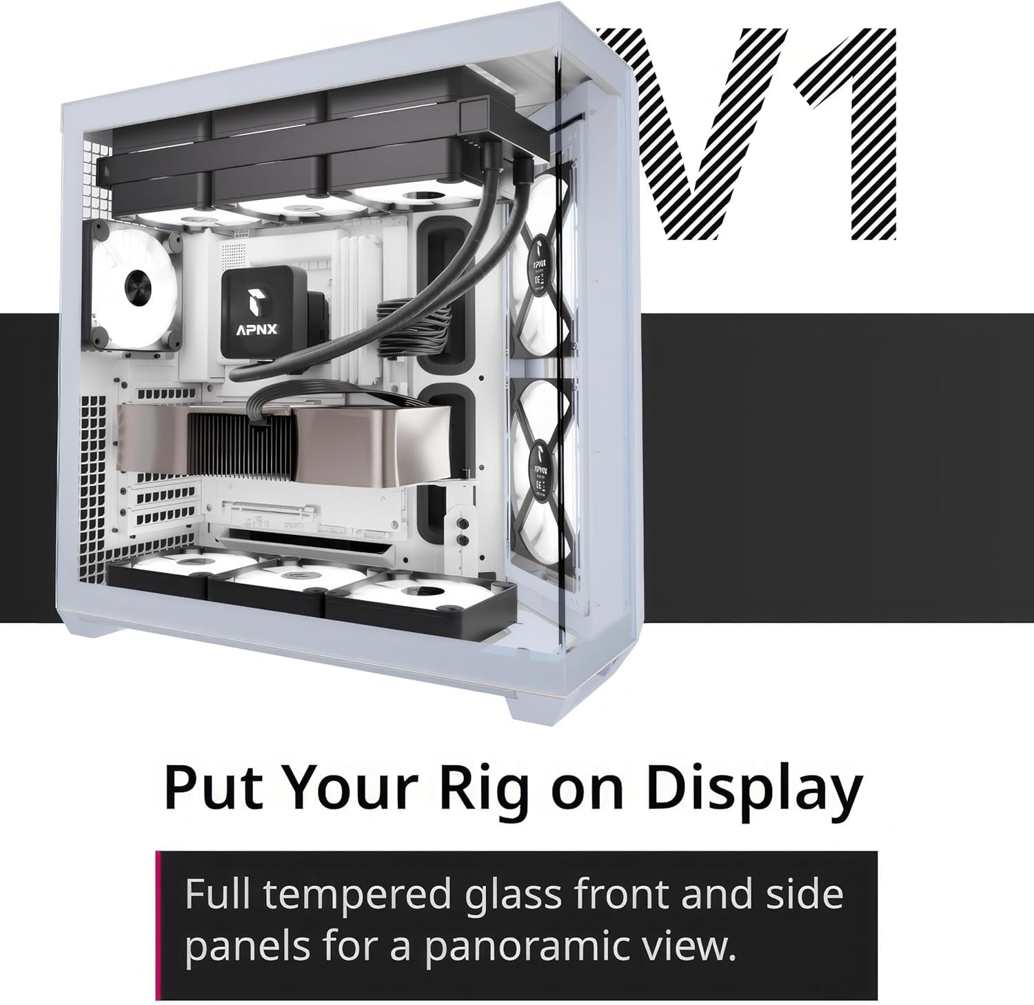  APNX V1 Dual-Chamber ATX Mid-Tower Airflow PC Case, Panoramic Glass Panels, 10 Fan Slots, 360mm Radiator Support, Angular Intake 16cmx2 Fan Bracket, GPU