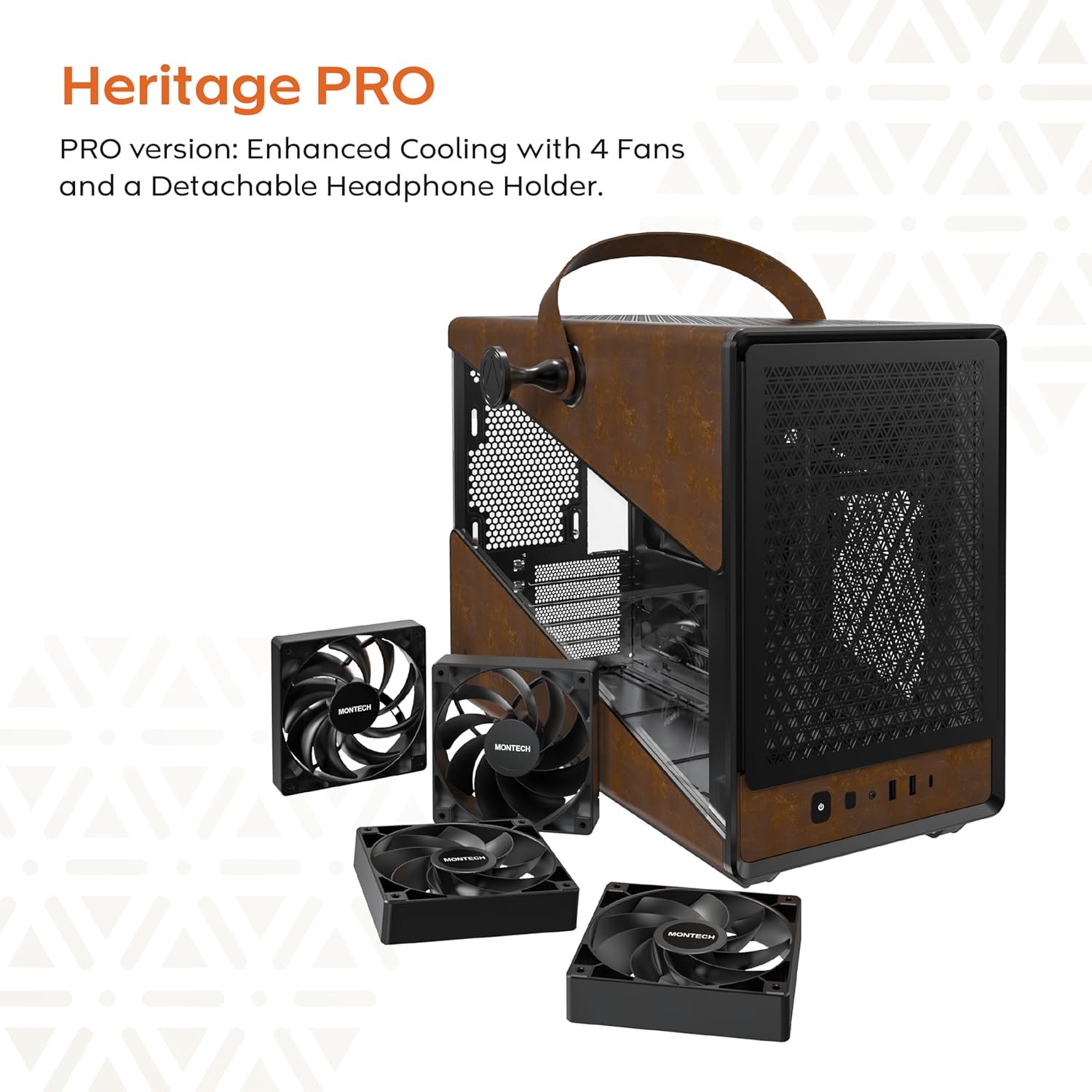 MONTECH Heritage PRO mATX, Compact Leather Gaming Chassis with Signature Handle Design, Supports RTX 50 Series GPUs, ATX PSU, and 360mm AIO, 4 Pre-Installed Fans, Headphone Hanger - Black (PRO)