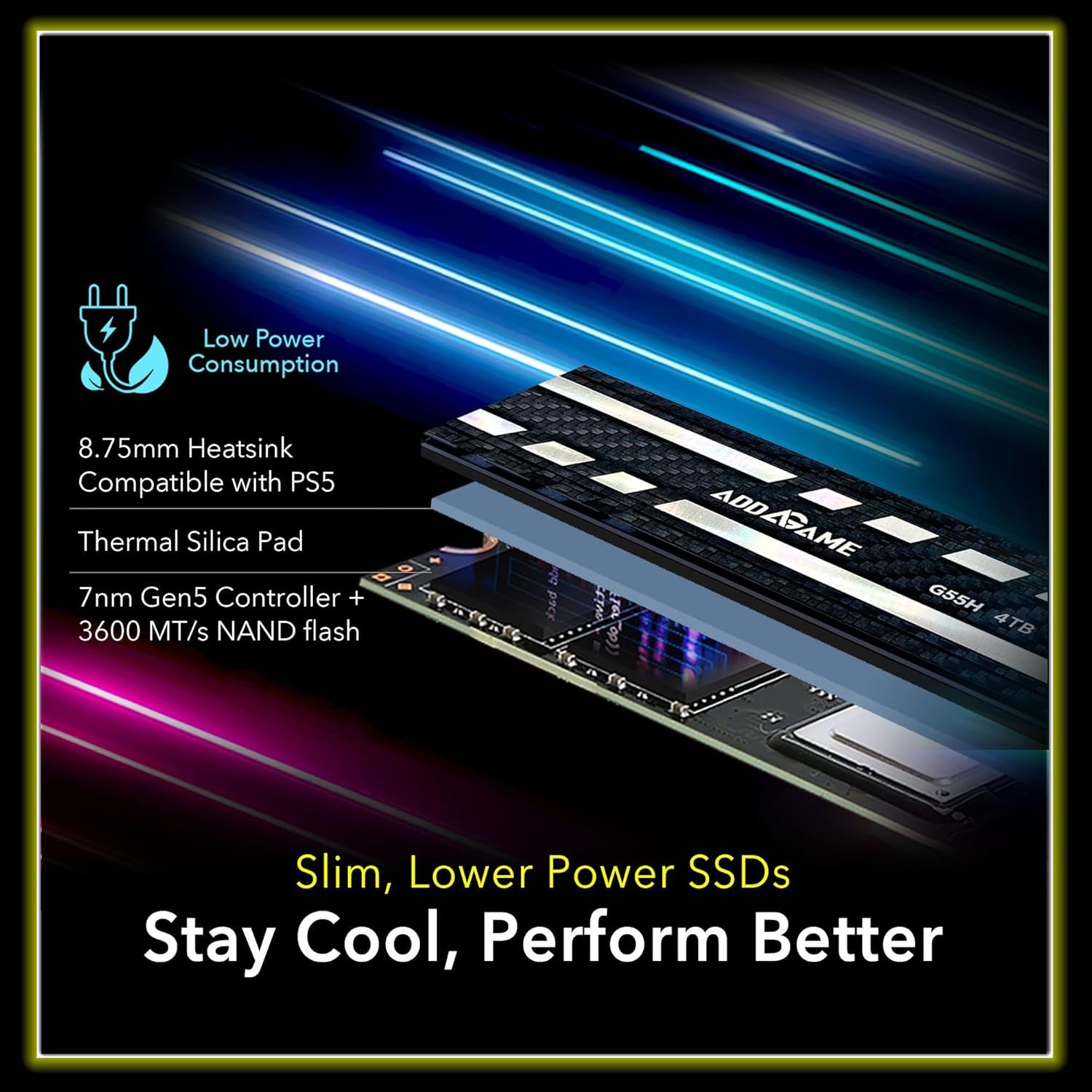  Addlink G55H 1TB PCIe Gen5 NVMe M.2 SSD with Heatsink - Up to 10,200 MB/s - Game Ready - Internal Solid State Drive - Compatible with PCs and PS5 (ad1TBG55HM2P)