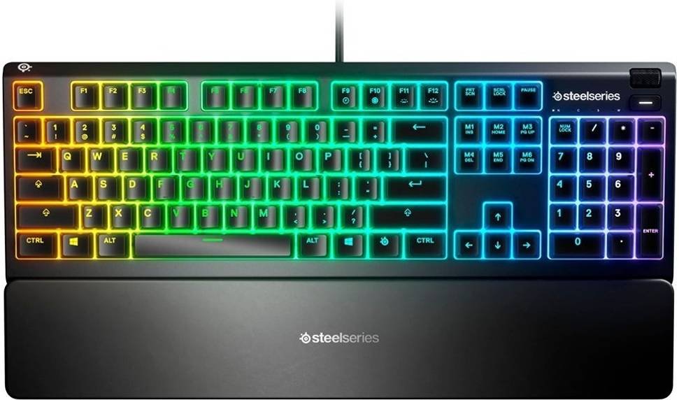 SteelSeries Apex 3 Water Resistant Gaming Keyboard, Premium Magnetic Wrist Rest, Whisper Quiet Gaming Switch, 10-Zone RGB Illumination, Anti-Ghosting, English US Layout, Black | 64795