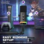 TAM8 AmpliGame XLR/USB Dynamic Microphone With BM88 LOW-PROFILE MICROPHONE ARM STAND for Podcast Recording, PC Computer Gaming with RGB Light, Mute Button, Headphones Jack