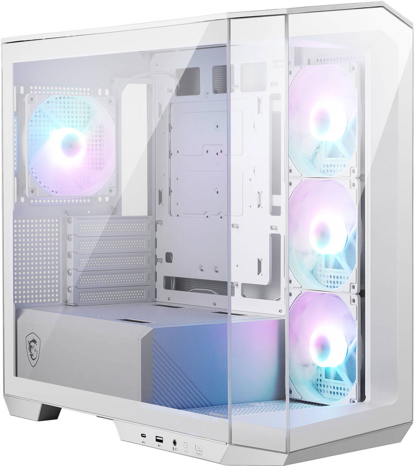 MSI MAG PANO M100R PZ Micro ATX Gaming Case, 270Â° Pano Temp Glass Panel, 4* aRGB Fans & Up to 360mm AIO, 1x 2.5"/3.5 Drive Bay, Support Back-Connect Motherboard, USB-/ USB-A, White | 306-7G24W21-809