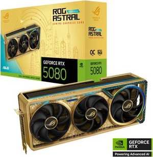 ASUS ROG Astral GeForce RTX 5080 Dhahab CORE OC 16GB Graphics Card, GDDR7 256-Bit Memory, 2760 MHz Boost Clock, 10752 CUDA Cores, 30 Gbps Memory Speed, Gold