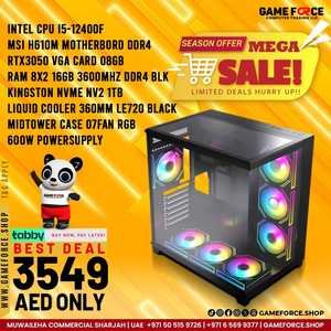 GAMING PC INTEL CPU I5-12400F MSI H610M MOTHERBORD DDR4  RTX3050 VGA CARD 08GB  TFORCE RAM 8X2 16GB 3600MHZ DDR4 BLK KINGSTON NVME NV2 1TB DEEPCOOL LIQUID COOLER 360MM LE720 BLACMIDTOWER CASE 07FAN RGB  600W POWERSUPPLY	 